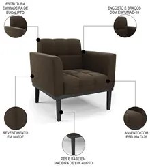 Sofá Namoradeira e 1 Poltrona Base Madeira Preto Ana Suede Marrom - Ib