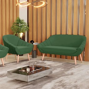 Kit 01 Namoradeira 02 Lugares e 01 Poltrona Giovana Suede Pés Palito Natural - D'Rossi - Verde