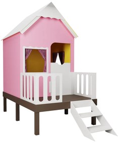 Casinha de Brinquedo Artesanal Rosa com Cercado e Escada Telhado Branco L12 - Gran Belo