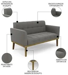 Sofá Namoradeira e 2 Poltronas Base Madeira Castanho Ana Suede Grafite