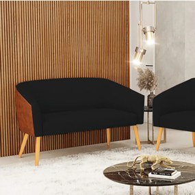 Namoradeira 02 Lugares Stella Corano Nozes com Linho Preto A79 Pés Palito Castanho - D'Rossi