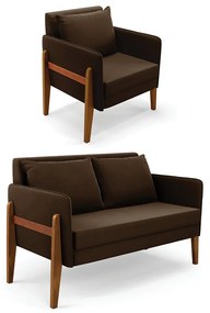 Kit 1 Sofá Namoradeira e 1 Poltrona Lana Suede Marrom Base de Madeira - D'Rossi