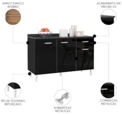 Balcão Cozinha Pia 120cm com Tampo Classic Z46 Preto/Marmore - Mpozena