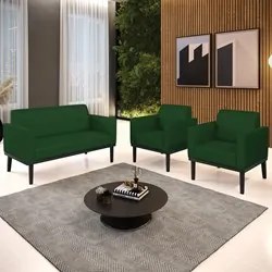 Sofá Namoradeira e 2 Poltronas Base Madeira Preto Maressa Veludo Luxo