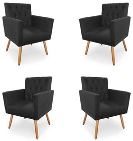 Kit 4 Poltronas Decorativas Clara Capitonê Pés Palito Suede Preto - Sheep Estofados
