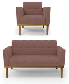Conjunto Poltrona e Namoradeira Decorativas Karen Pés Fixo em Madeira Castanho Veludo Rose G19 - Gran Belo