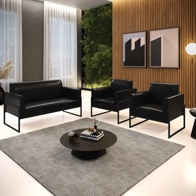 Sofá Namoradeira com 2 Poltronas Base Industrial Alta Preto Marisa Corano D03 - D'Rossi - Preto