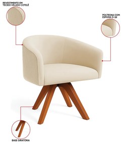 Poltrona Sala Base Giratória Madeira Arielle Veludo Cotelê Bege D03 - D'Rossi