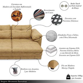Sofá Retrátil Elétrico Sala de Estar Nolan Bipartido 250cm Conforto Premium em Couro Bege Manchado G58 - Gran Belo