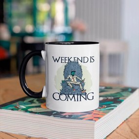 Caneca The Weekend is Coming Geek Nerd Branca com Alça Preta