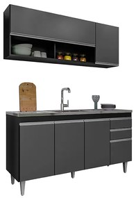 Conjunto Balcão de Cozinha para Pia Aéreo Dodoma MDP/BP Preto/Grafite G96 - Gran Belo