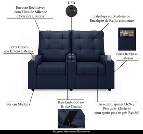Poltrona do Papai Reclinável Sala de Cinema Movie 2 Lugares Manual Baú USB PU Azul G23