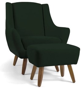 Poltrona Decorativa com Puff Sala de Estar Pés de Madeira Naomi Veludo Verde Musgo G15 - Gran Belo