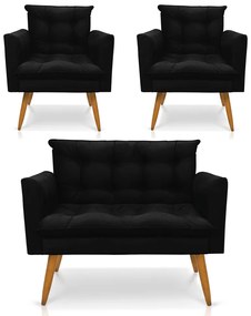 Kit 1 Sofá Namoradeira e 2 Poltronas Tais Suede Pés Palito Castanho - D'Rossi - Preto