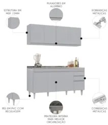 Armário Cozinha e Balcão Com Pia 160cm Arkansas Cinza Claro - Lumil