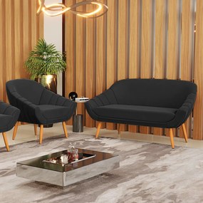 Kit 01 Namoradeira 02 Lugares e 01 Poltrona Giovana Suede Pés Palito Castanho - D'Rossi - Preto