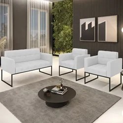 Sofá Namoradeira e 2 Poltronas Base Industrial Preto Ana Linho Cinza -