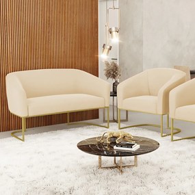 Sofá Namoradeira e Poltrona Industrial Dourado Stella Suede D03 - D'Rossi - Bege