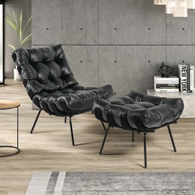 Kit 2 Puff Decorativo Sala de Estar Costela Base Preta Couro Preto G34 - Gran Belo