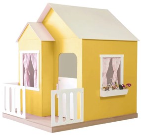 Casinha de Brinquedo Artesanal Janela Lateral Versátil com Cortinas MDF Amarelo/Branco L12 - Gran Belo