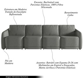 Sofá Cama Modulado Retrátil e Reclinável Decorativo Varsóvia 396cm Linho Cinza Chumbo G33 - Gran Belo