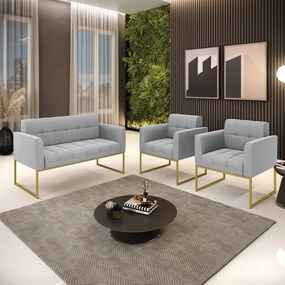 Kit 1 Sofá Namoradeira e 2 Poltronas Elisa Suede Base Metálica Industrial Dourado - D'Rossi - Cinza
