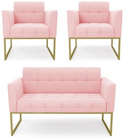 Kit 1 Sofá Namoradeira e 2 Poltronas Elisa Suede Rosa Bebê Base Metálica Industrial Dourado - D'Rossi