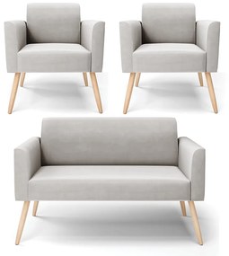 Sofá Namoradeira com 2 Poltronas Pés Palito Natural Marisa Veludo D03 - D'Rossi - Cinza