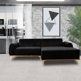 Sofá 3 Lugares Bipartido com Chaise Lado Esquerdo Base de Madeira Euro 245 cm Veludo Preto G15 - Gran Belo