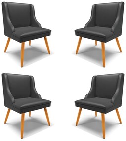 Kit 4 Cadeiras Decorativas Sala de Jantar Pés Palito de Madeira Firenze PU Preto Fosco/Natural G19 - Gran Belo