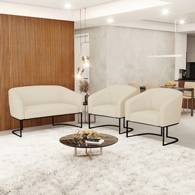 Sofá Namoradeira e 2 Poltronas Base Industrial Preto Stella Linho D03 - D'Rossi - A19 Bege