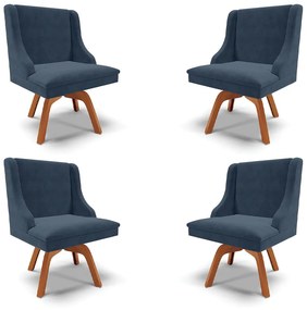 Kit 4 Cadeiras Decorativas Sala de Jantar Base Giratória de Madeira Firenze Suede Azul Marinho/Natural G19 - Gran Belo