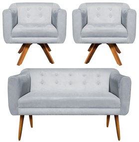 Kit 01 Namoradeira 02 Lugares e 02 Poltronas Giratória Julia Suede Cinza Base Madeira MM30 D'Rossi