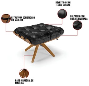 Puff Giratório Costela Sintético PU Preto Base de Madeira MA30 M11 - D'Rossi