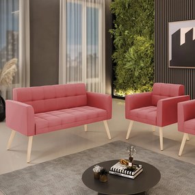 Kit 1 Sofá Namoradeira e 1 Poltrona Elisa Suede Pés Palito Natural - D'Rossi - Rose