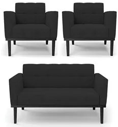 Sofá Namoradeira e 2 Poltronas Base Madeira Preto Ana Veludo Preto - I