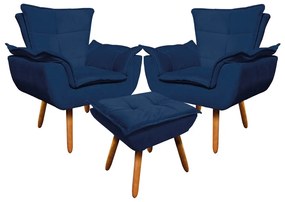 02 Poltronas e 01 Puff Pé Palito de Madeira Opala Suede D03 - D'Rossi - Azul Marinho