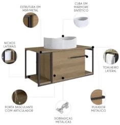 Gabinete Banheiro Suspenso 80cm Cuba Oval Ripy Mel/Branco Z54 - Mpozen