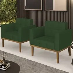 Poltrona Base Madeira Castanho Kit 2 Ana Veludo Luxo Verde - Ibiza