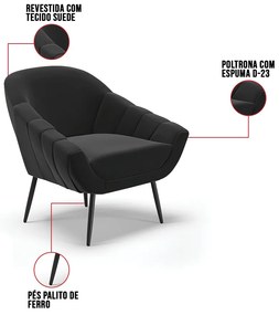 Kit 01 Namoradeira 02 Lugares e 01 Poltrona Giovana Suede Pés Palito de Ferro D03 - D'Rossi - Preto