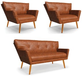 Sofá Namoradeira e 2 Poltronas Pé Palito Madeira Anitta Sintético PU Nozes D03 - D'Rossi