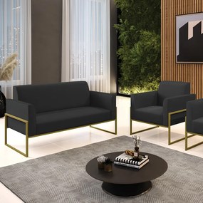 Sofá Namoradeira com Poltrona Base Industrial Alta Dourado Marisa Corino D03 - D'Rossi - Preto