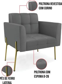 Poltrona Pé de Ferro Dourado para Sala Elisa Corino Grafite D03 - D'Rossi