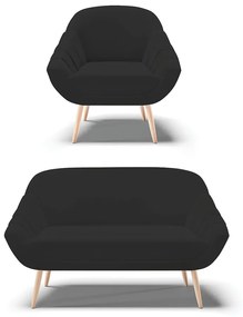 Kit 01 Namoradeira 02 Lugares e 01 Poltrona Giovana Veludo Pés Palito Natural - Indo Decorar - Preto