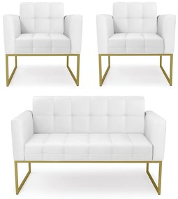 Kit 1 Sofá Namoradeira e 2 Poltronas Elisa Corino Branco Base Metálica Industrial Dourado - D'Rossi