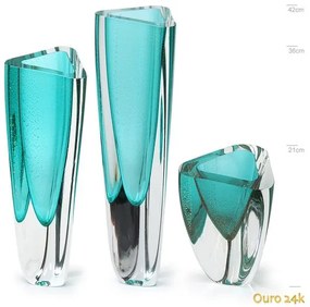 Trio de Vasos Triangulares nº 1, nº 2 e nº 4 Verde com Ouro Murano Cristais Cadoro