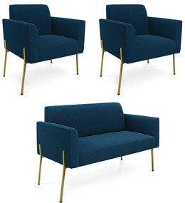 Namoradeira e 2 Poltronas Pé Ferro Dourado Marisa Bouclê D03 - D'Rossi - Azul