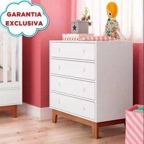 Cômoda Retrô Infantil 4 Gavetas Pés Amadeirado - Branco