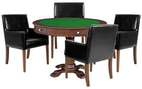 Mesa de Jogos Carteado Victoria Redonda Tampo Reversível Imbuia com Kit 4 Cadeiras Liverpool Corino Preto Liso G36 G15 - Gran Belo