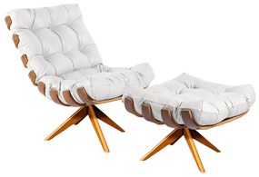 Poltrona com Puff Giratório Costela Couro Branco Base de Madeira MA30 M11 - D'Rossi
